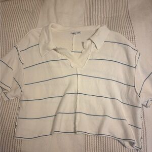 Cropped Collared Knit Top with Navy Stripes